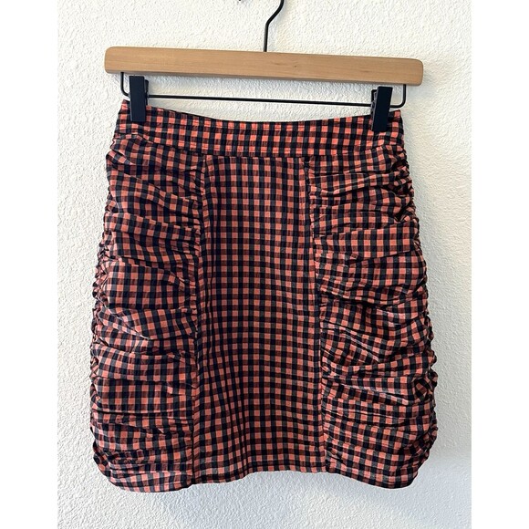 GANNI Women's Mini Skirt Size 32 (US 0) High Waisted Seersucker Plaid Ruched - Picture 1 of 13